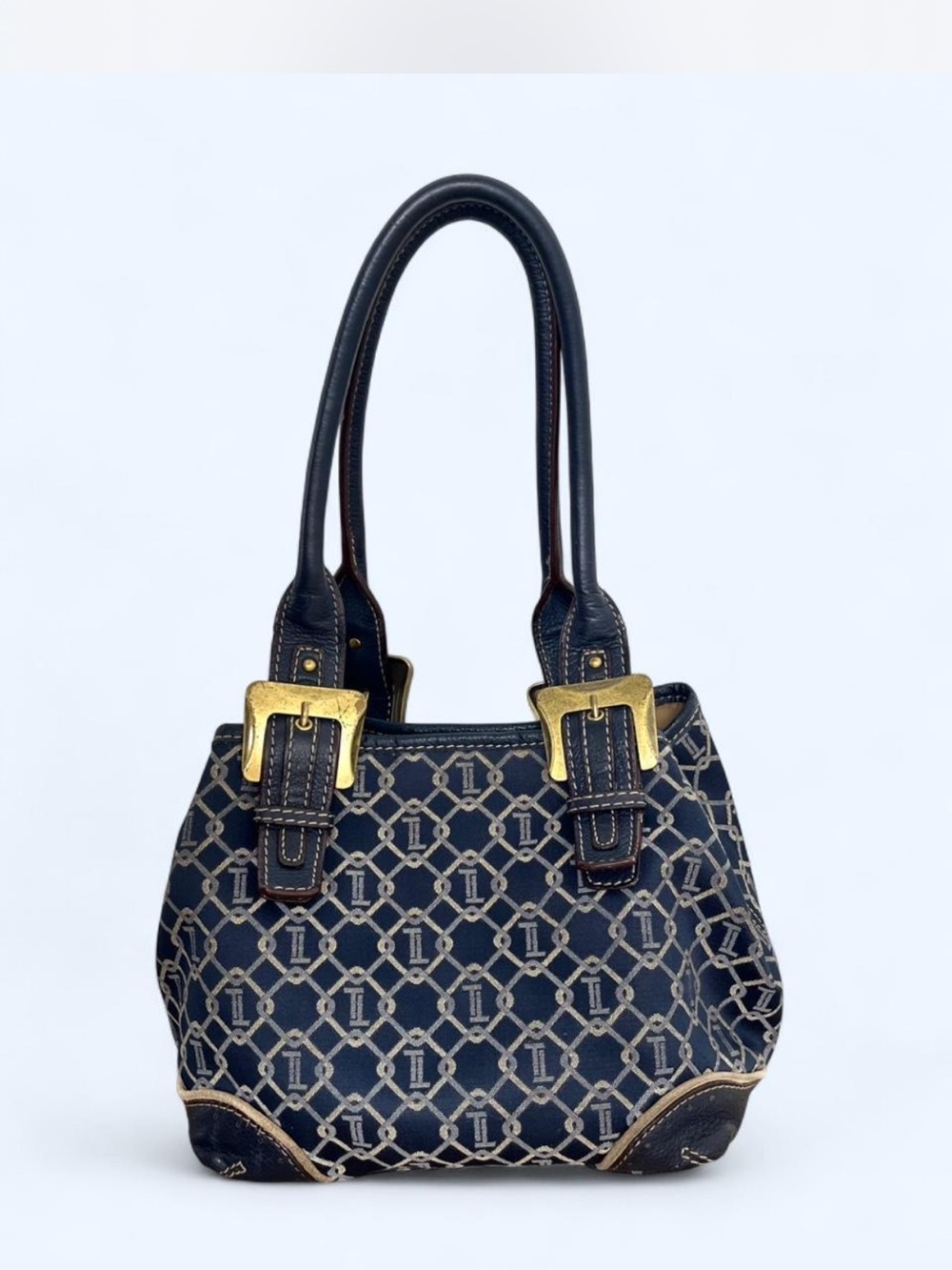 Vintage Y2K Tignanello Navy & Cream Monogram Jacquard Shoulder Bag
